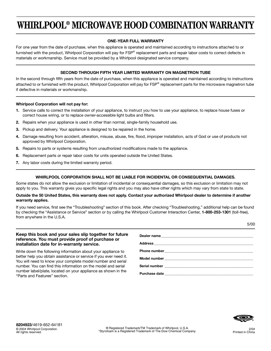 Whirlpool GH5176XP manual ONE-YEAR Full Warranty, Second Through Fifth Year Limited Warranty on Magnetron Tube 