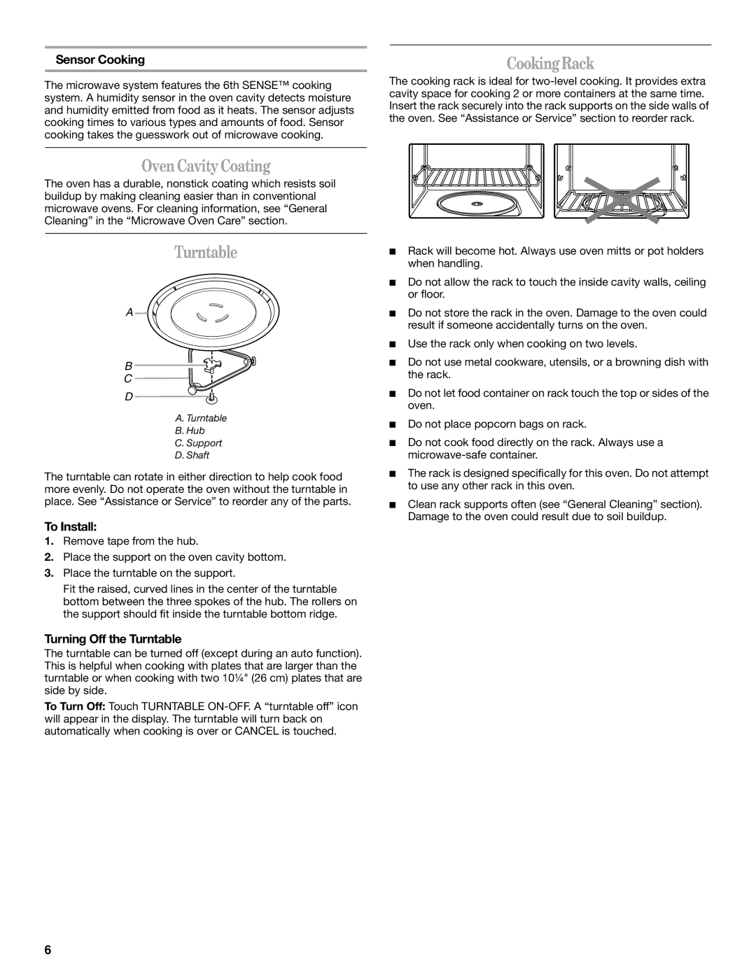 Whirlpool GH5176XP manual Cooking Rack, Oven Cavity Coating, Turntable 