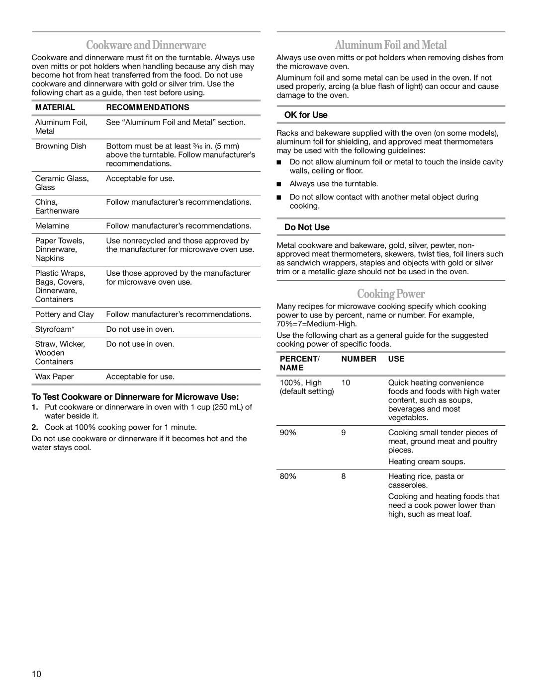 Whirlpool GH5184XP manual Cookware and Dinnerware, Aluminum Foil and Metal, Cooking Power 