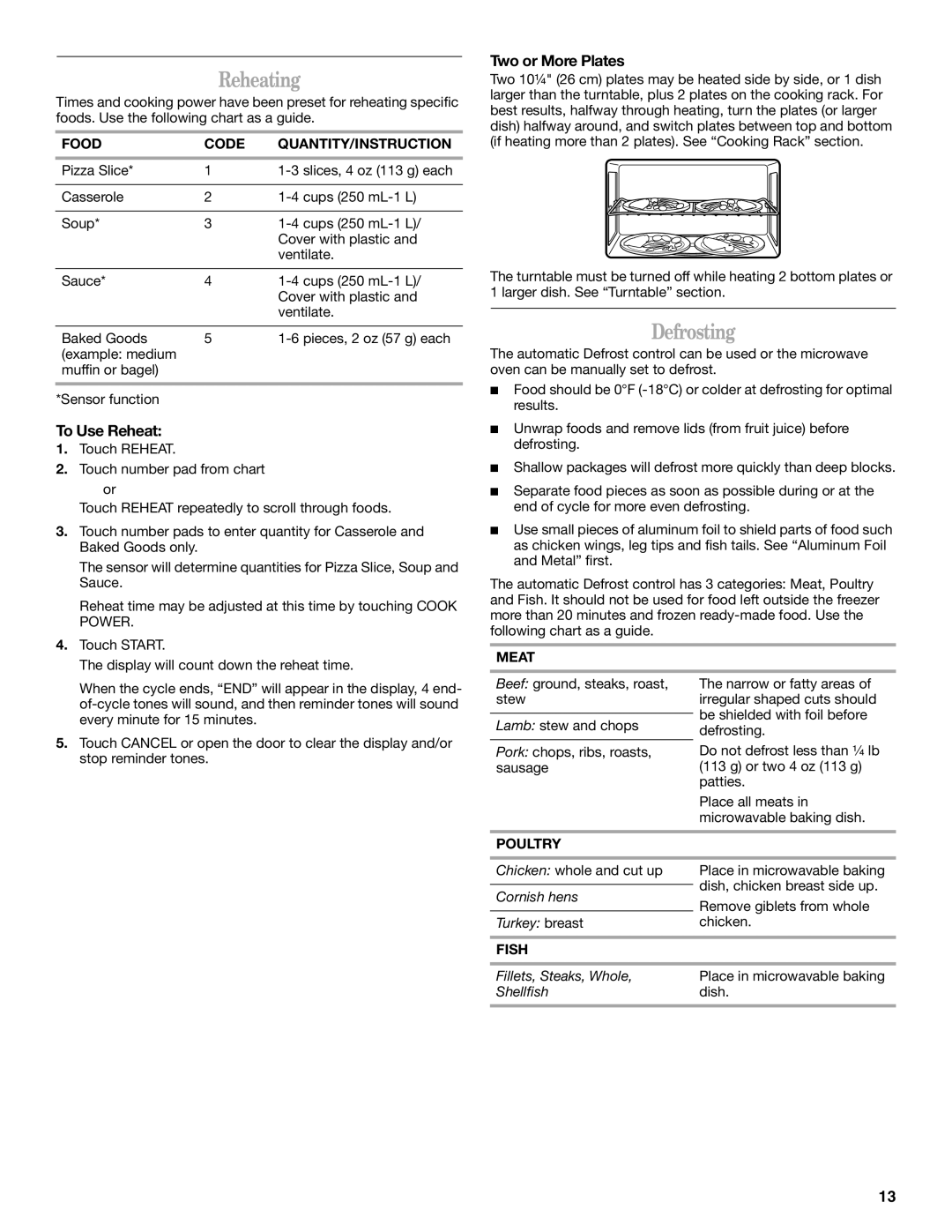 Whirlpool GH5184XP manual Reheating, Defrosting, To Use Reheat, Two or More Plates 