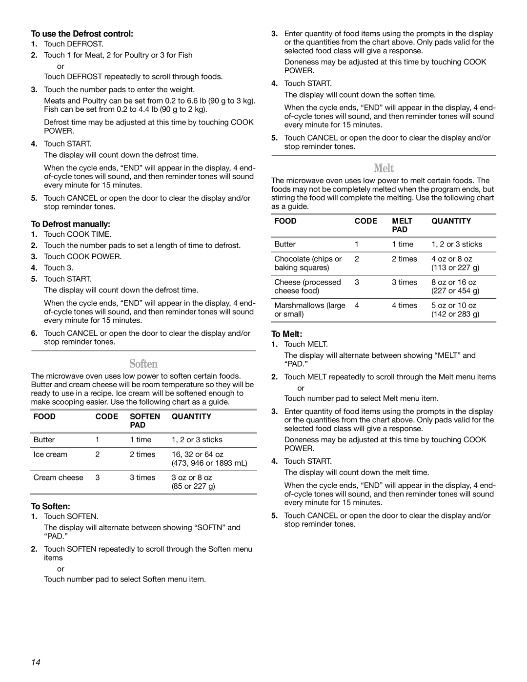 Whirlpool GH5184XP manual Soften, Melt 