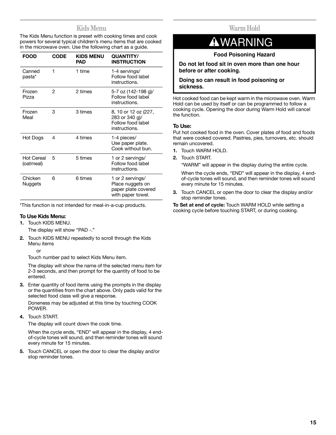 Whirlpool GH5184XP manual Warm Hold, To Use Kids Menu, Food Code Kids Menu Quantity PAD Instruction 