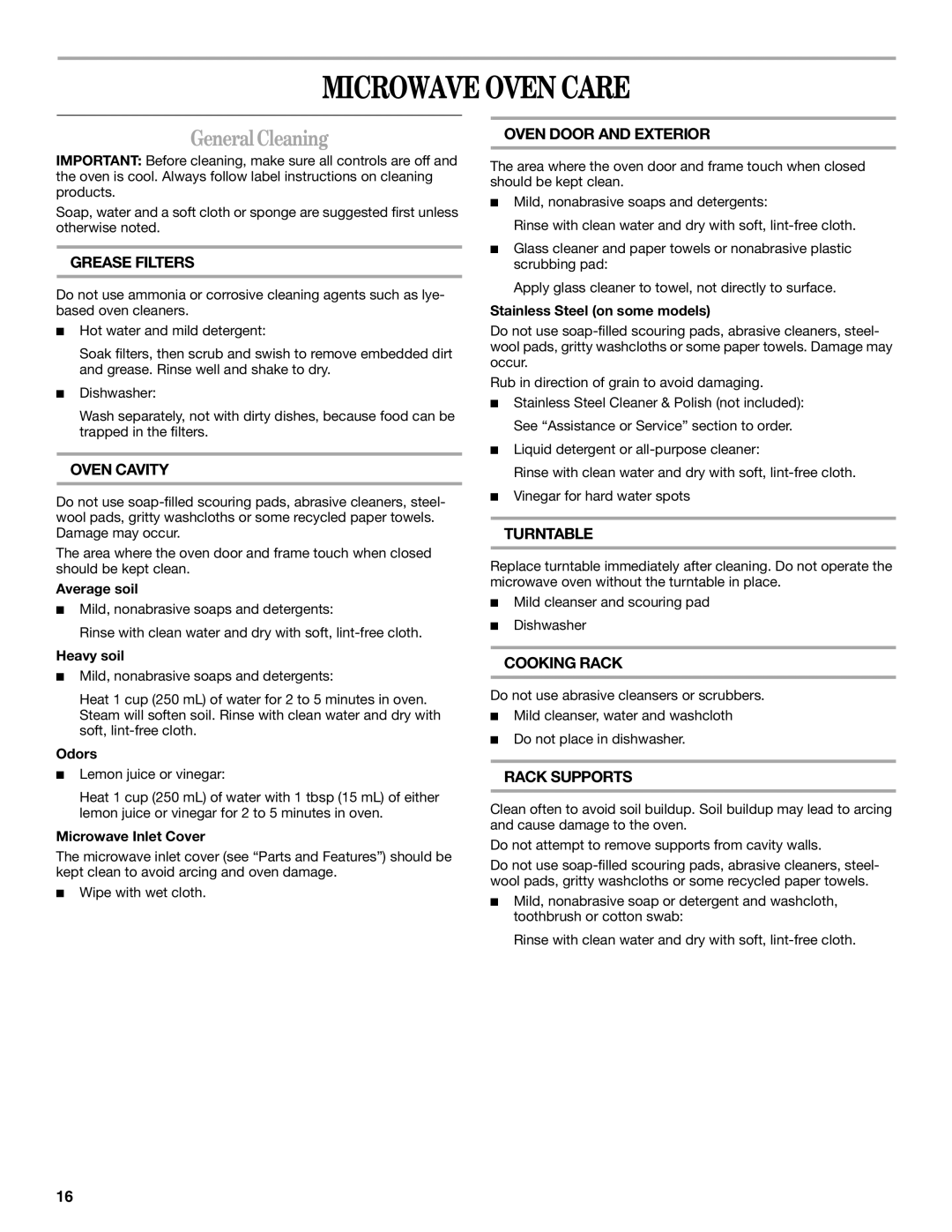 Whirlpool GH5184XP manual Microwave Oven Care, GeneralCleaning 