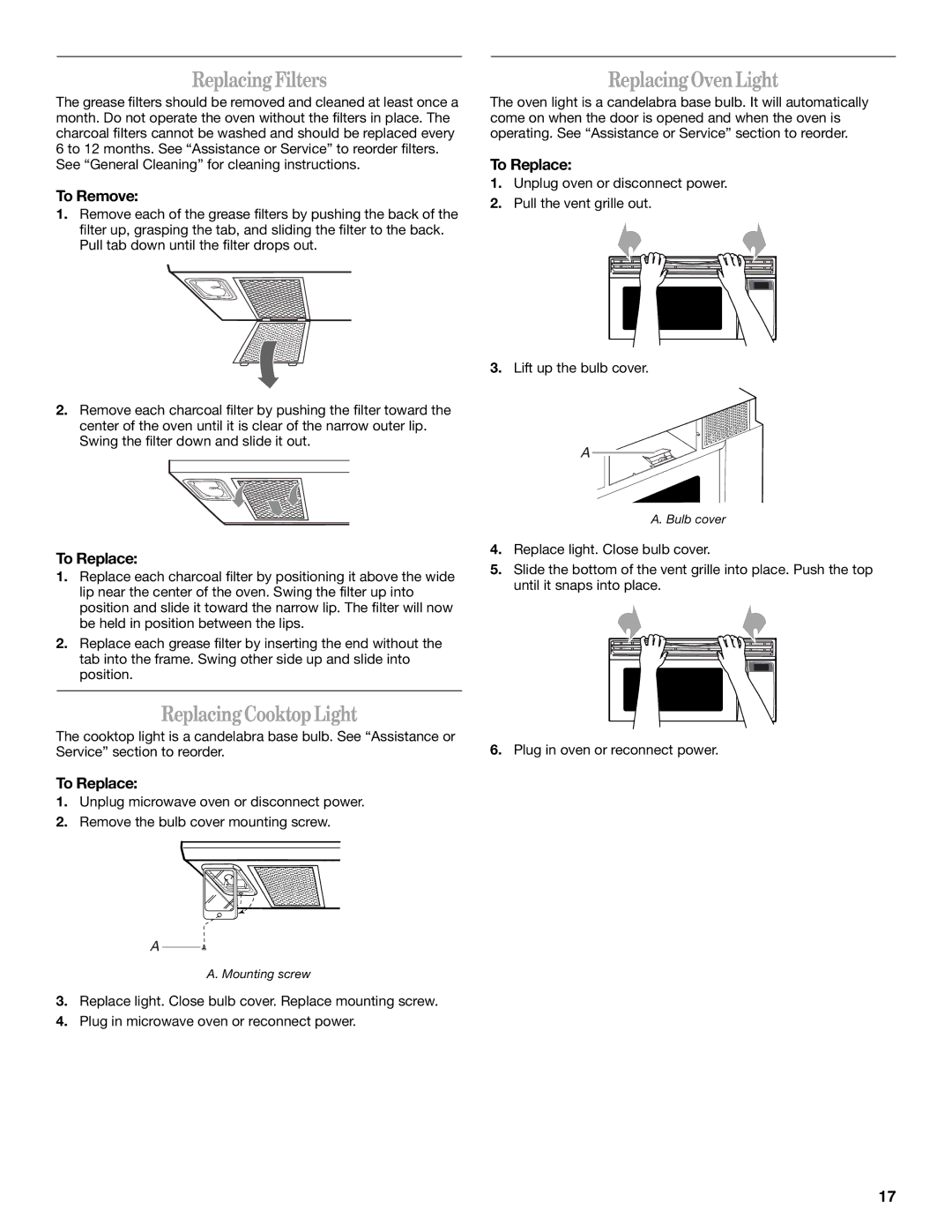 Whirlpool GH5184XP manual Replacing Filters, Replacing Cooktop Light, Replacing Oven Light, To Replace 