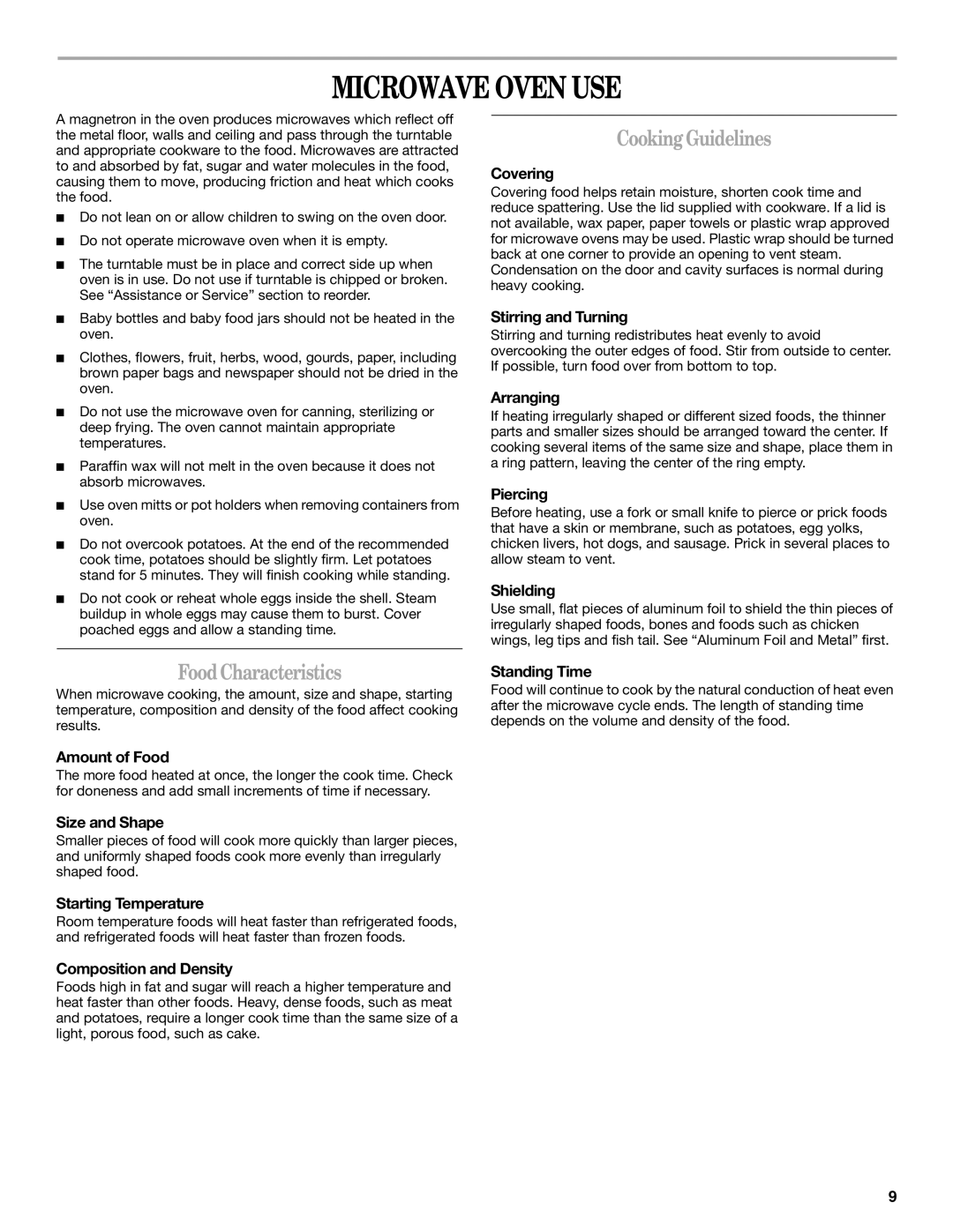 Whirlpool GH5184XP manual Microwave Oven USE, Cooking Guidelines, Food Characteristics 