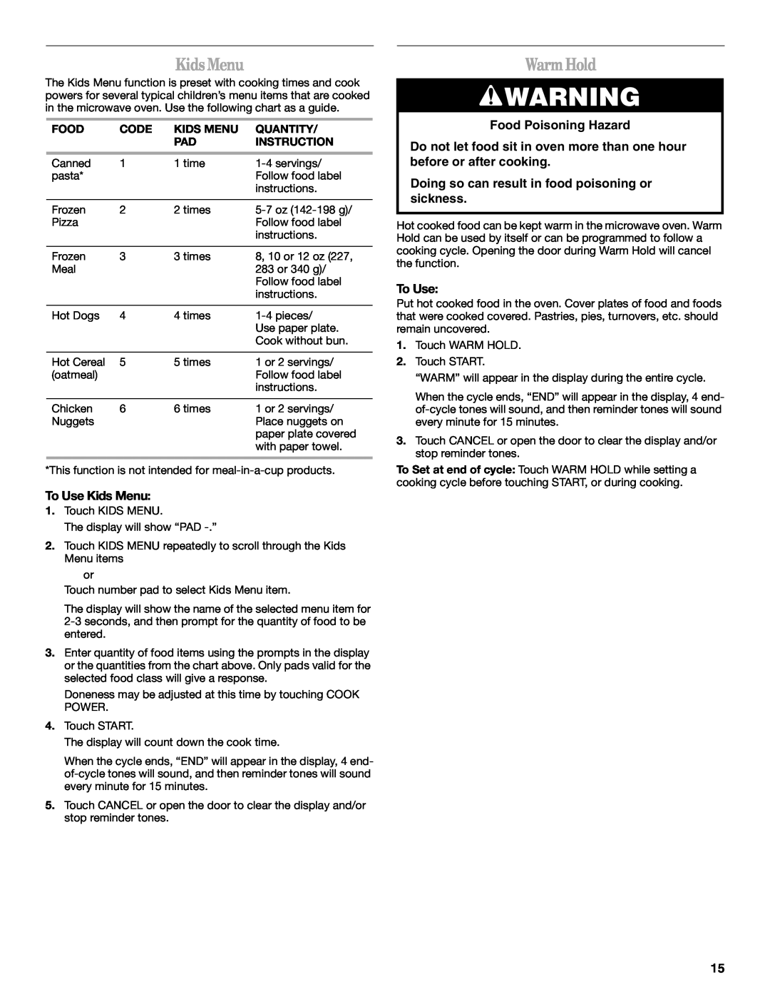 Whirlpool GH5184XP Kids Menu, Warm Hold, Food Poisoning Hazard, Doing so can result in food poisoning or sickness, Code 