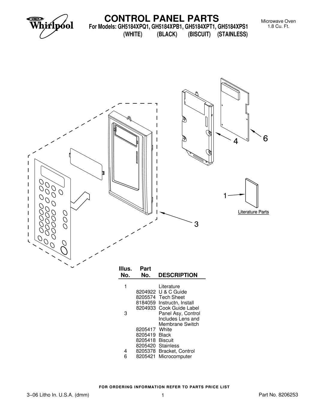 Whirlpool GH5184XPT1, GH5184XPQ1, GH5184XPB1, GH5184XPS1 manual Control Panel Parts, White Black Biscuit Stainless 
