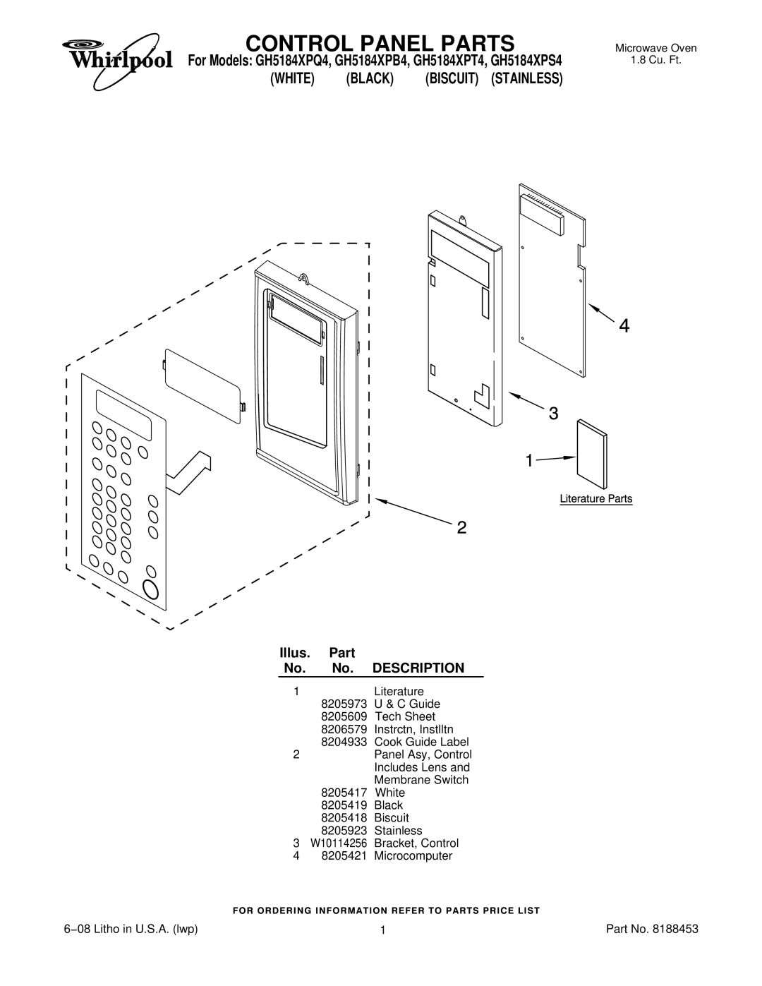 Whirlpool GH5184XPB4, GH5184XPQ4, GH5184XPT4, GH5184XPS4 manual Control Panel Parts, Illus. Part No. No. Description 