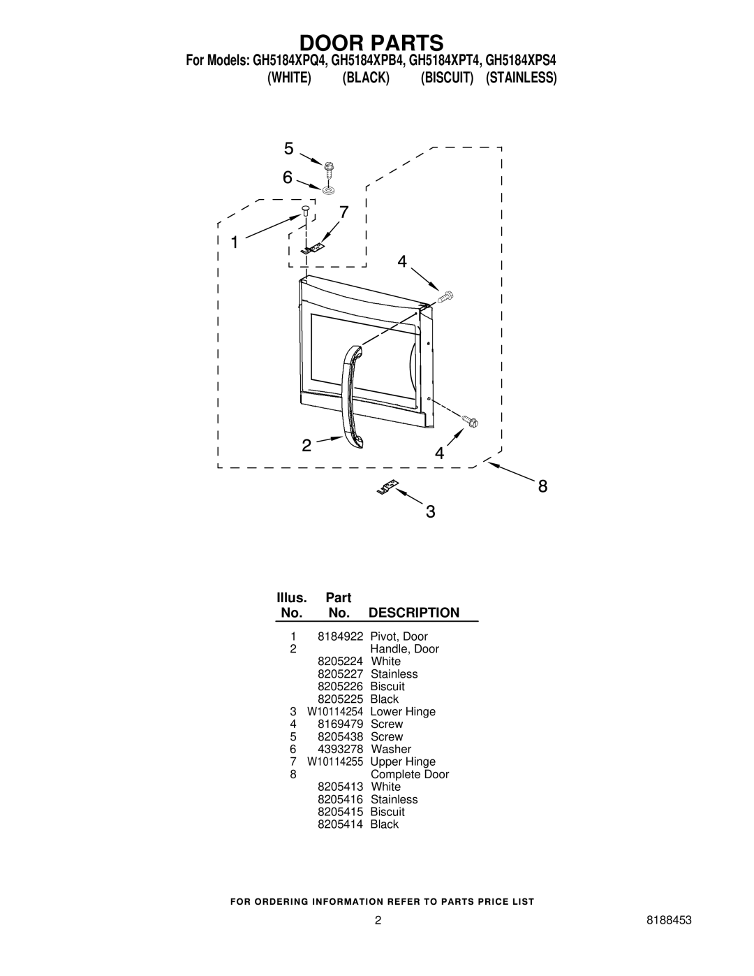 Whirlpool GH5184XPT4, GH5184XPQ4, GH5184XPB4, GH5184XPS4 manual Door Parts 