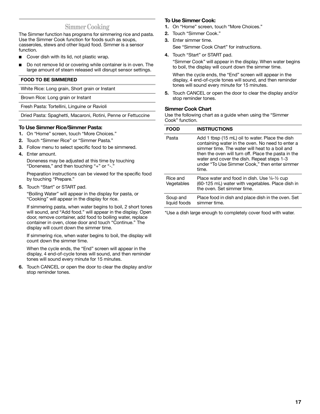 Whirlpool GH6177XP manual Simmer Cooking, To Use Simmer Rice/Simmer Pasta, To Use Simmer Cook, Simmer Cook Chart 