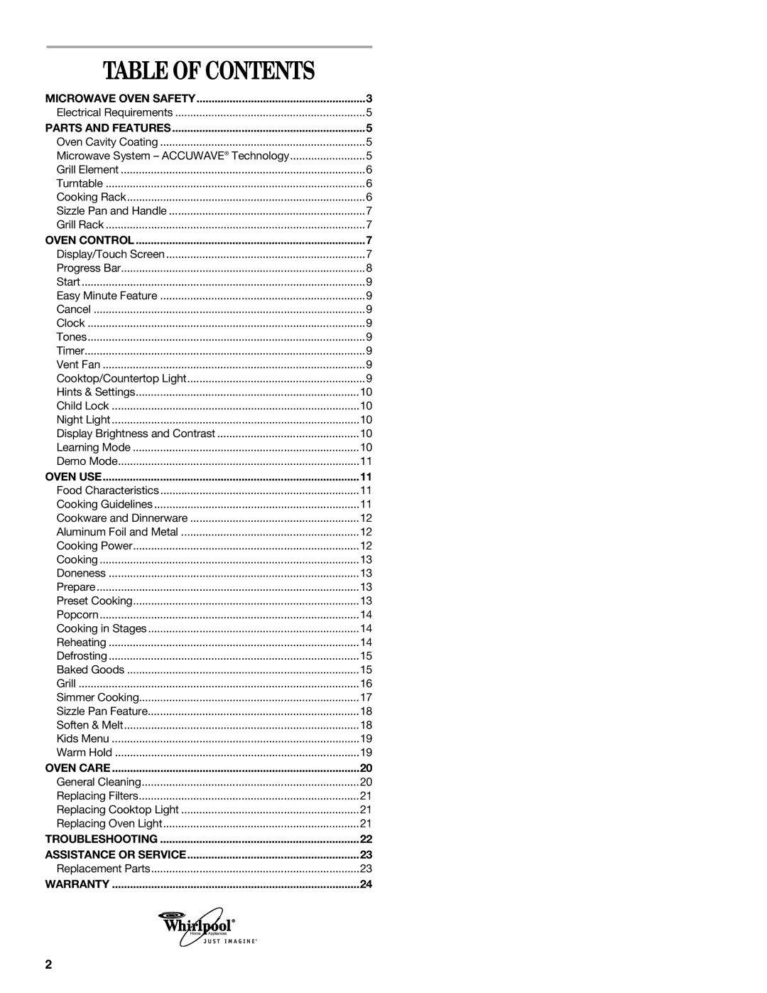 Whirlpool GH6177XP manual Table of Contents 