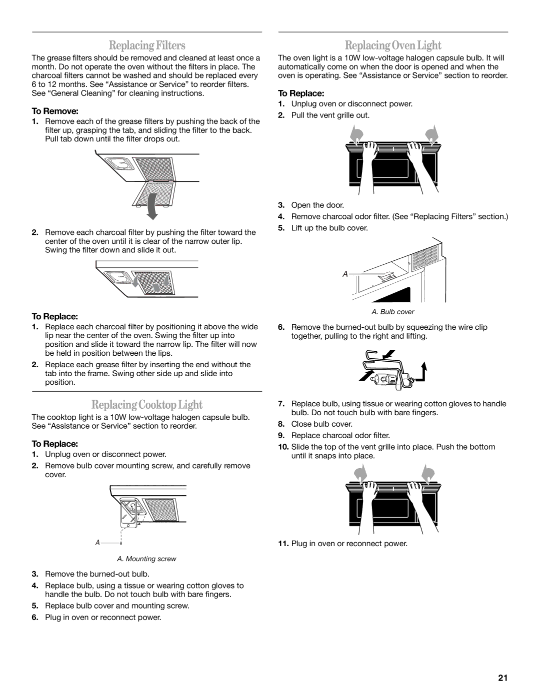 Whirlpool GH6177XP manual Replacing Filters, Replacing Cooktop Light, Replacing Oven Light, To Remove, To Replace 