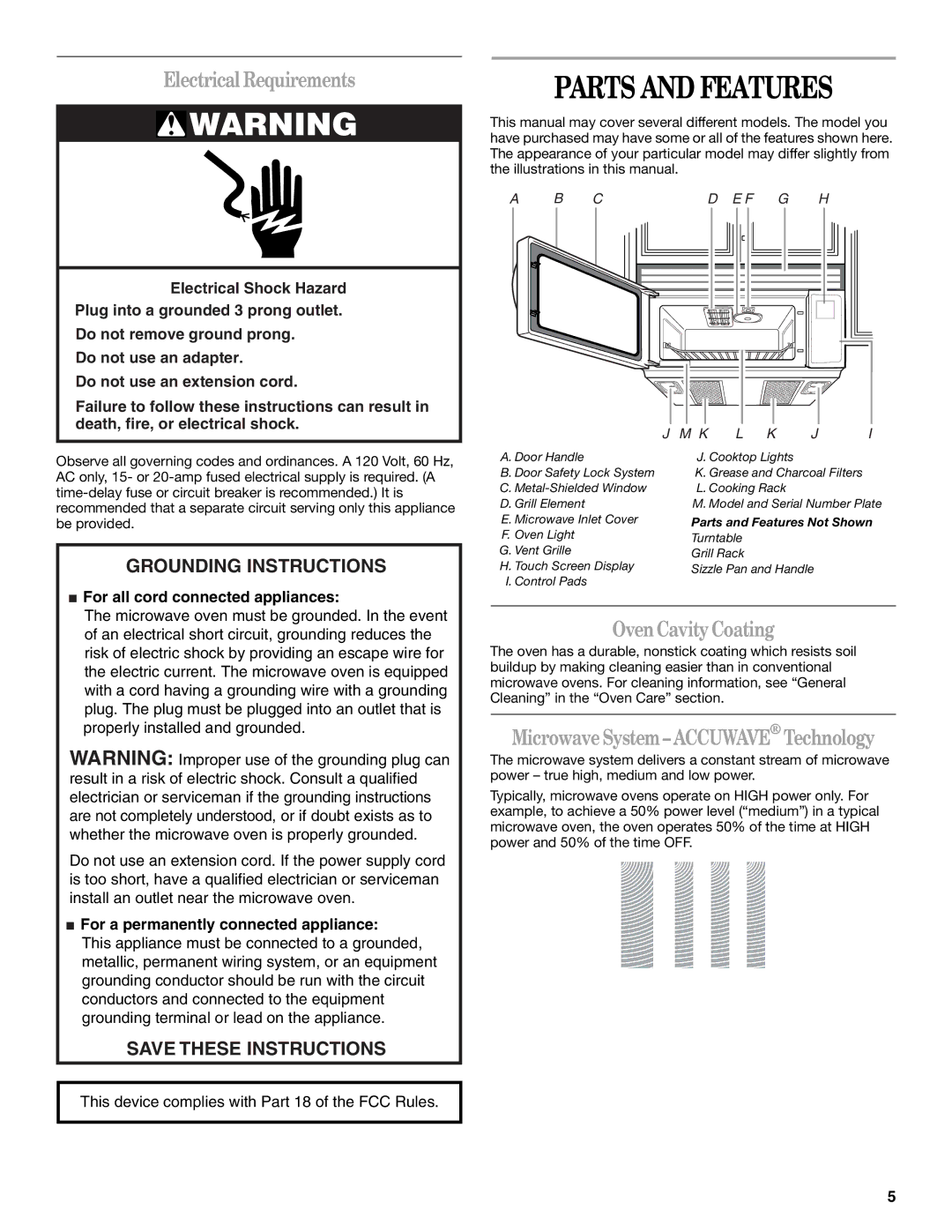 Whirlpool GH6177XP Parts and Features, Electrical Requirements, Oven Cavity Coating, For all cord connected appliances 