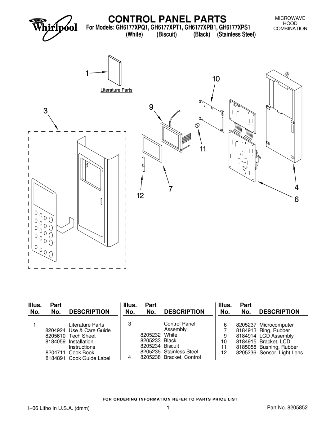 Whirlpool GH6177XPT1, GH6177XPB1, GH6177XPQ1 installation instructions Control Panel Parts, Illus. Part No. No. Description 