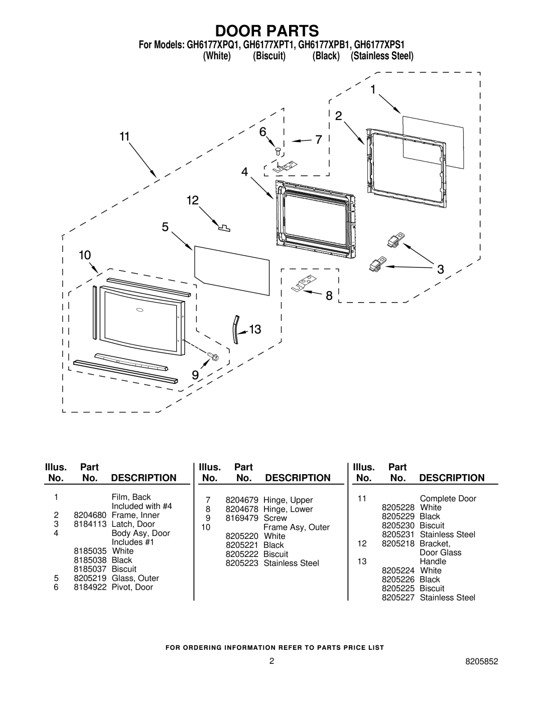 Whirlpool GH6177XPQ1, GH6177XPB1, GH6177XPT1, GH6177XPS1 installation instructions Door Parts 