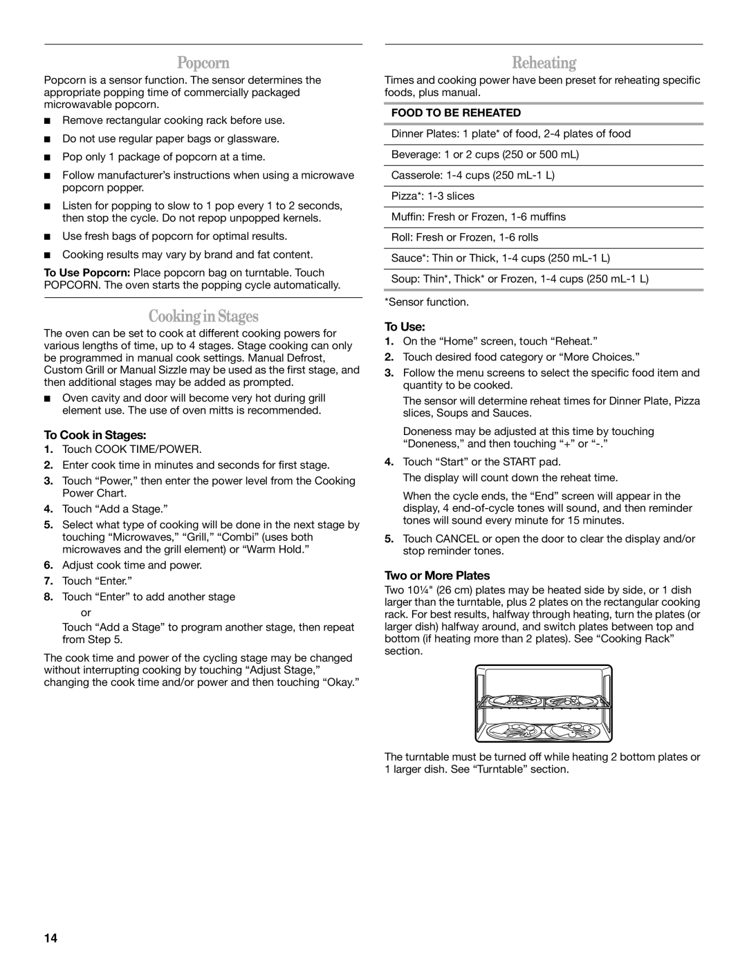 Whirlpool GH6178XP manual Popcorn, Cooking in Stages, Reheating 