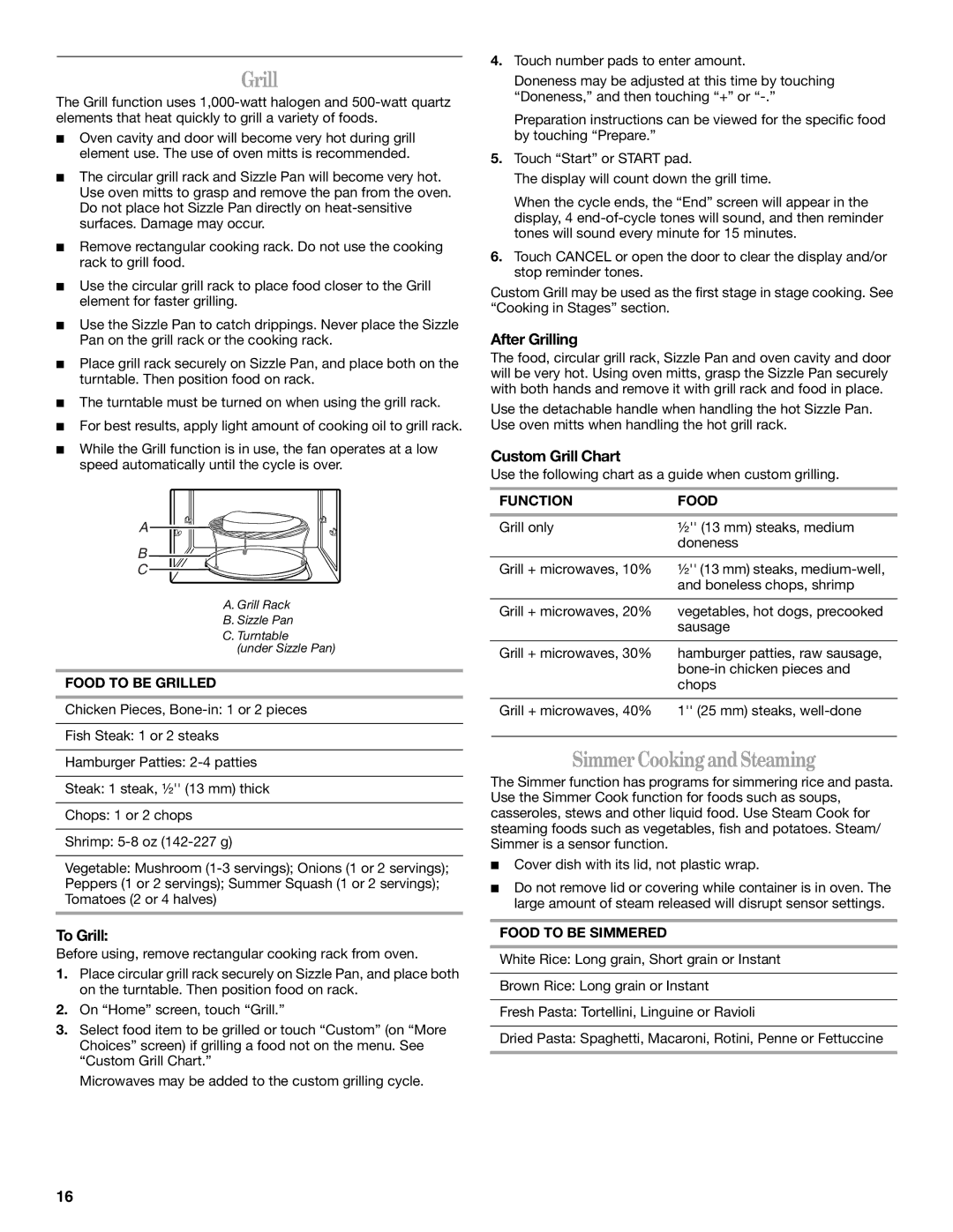 Whirlpool GH6178XP manual Simmer Cooking and Steaming, To Grill, After Grilling, Custom Grill Chart 