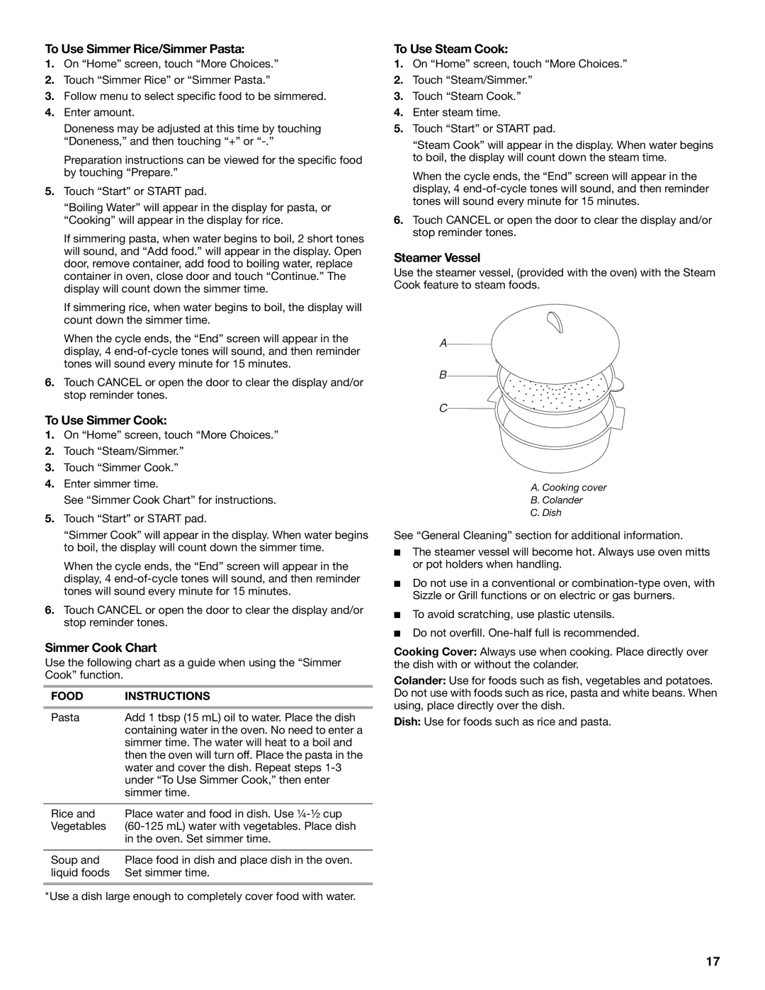 Whirlpool GH6178XP manual To Use Simmer Rice/Simmer Pasta, To Use Simmer Cook, Simmer Cook Chart, To Use Steam Cook 