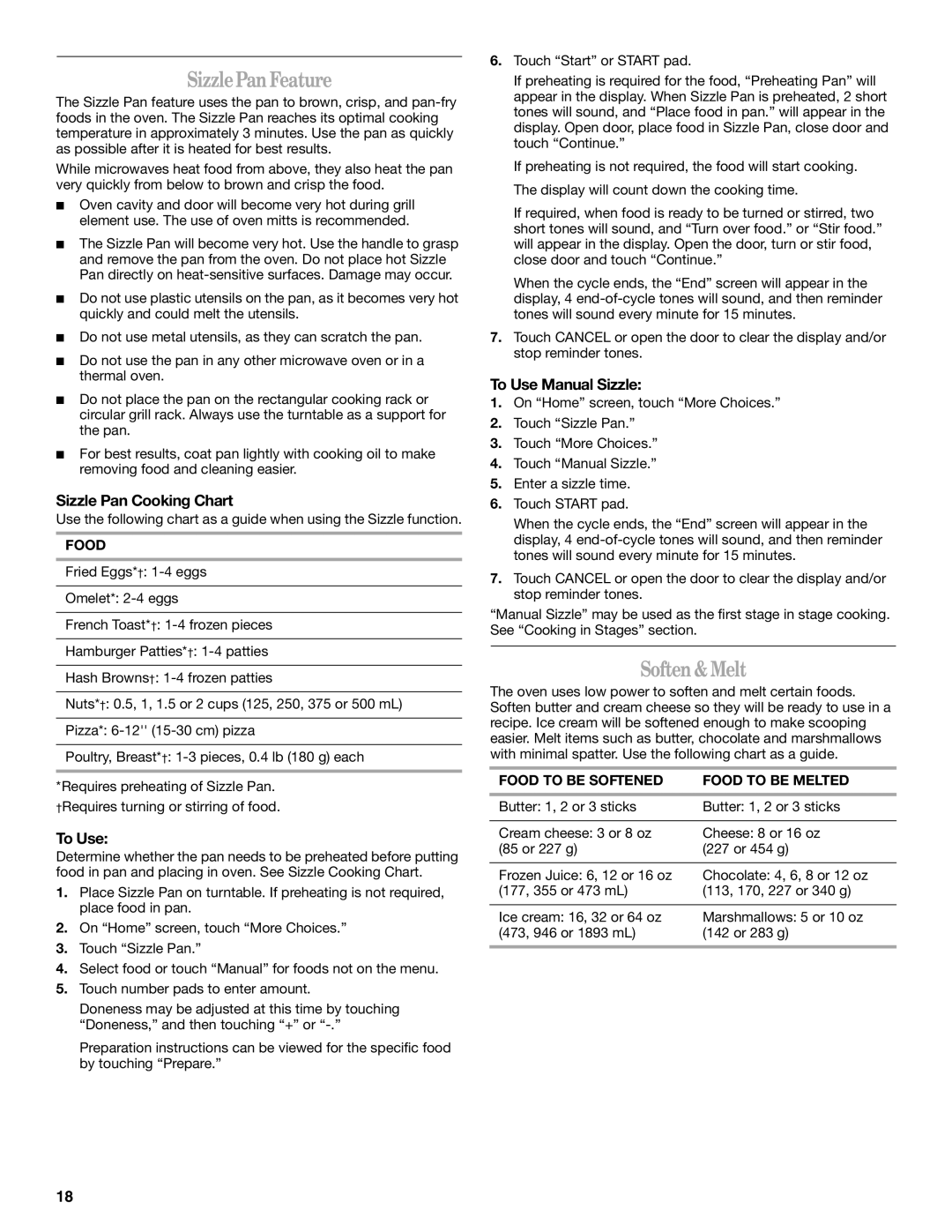 Whirlpool GH6178XP manual SizzlePan Feature, Soften & Melt, Sizzle Pan Cooking Chart, To Use Manual Sizzle 