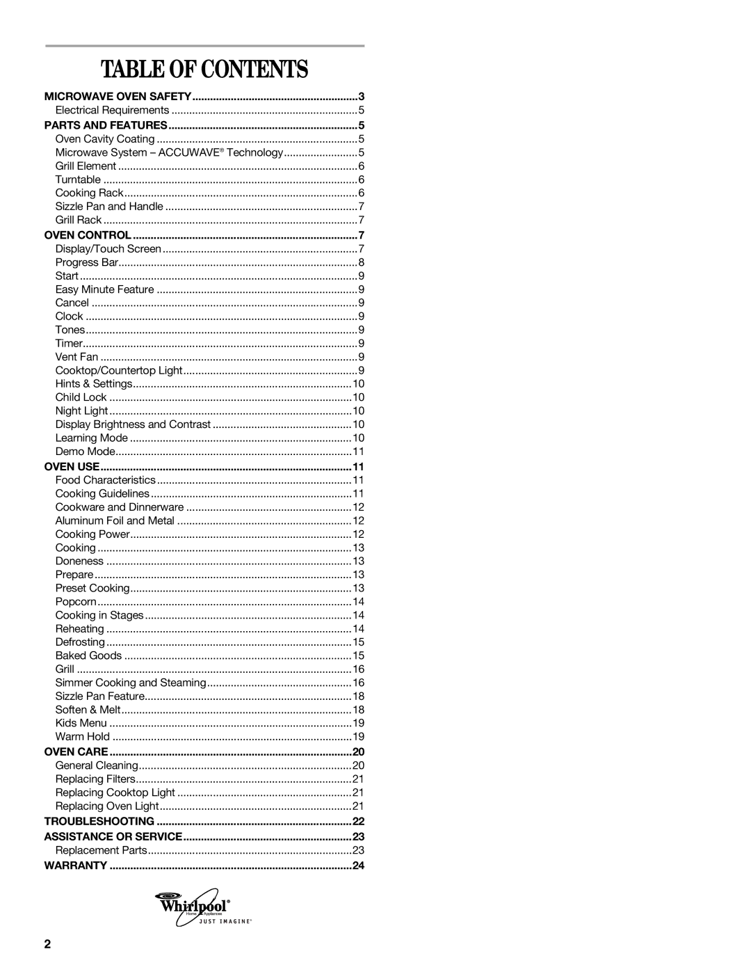 Whirlpool GH6178XP manual Table of Contents 