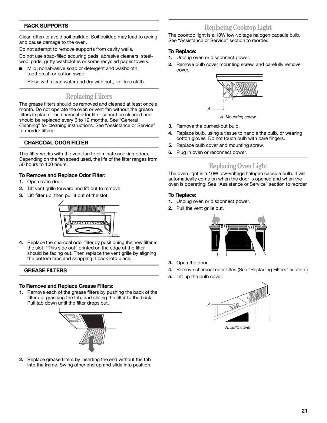 Whirlpool GH6178XP manual Replacing Filters, Replacing Cooktop Light, Replacing Oven Light 