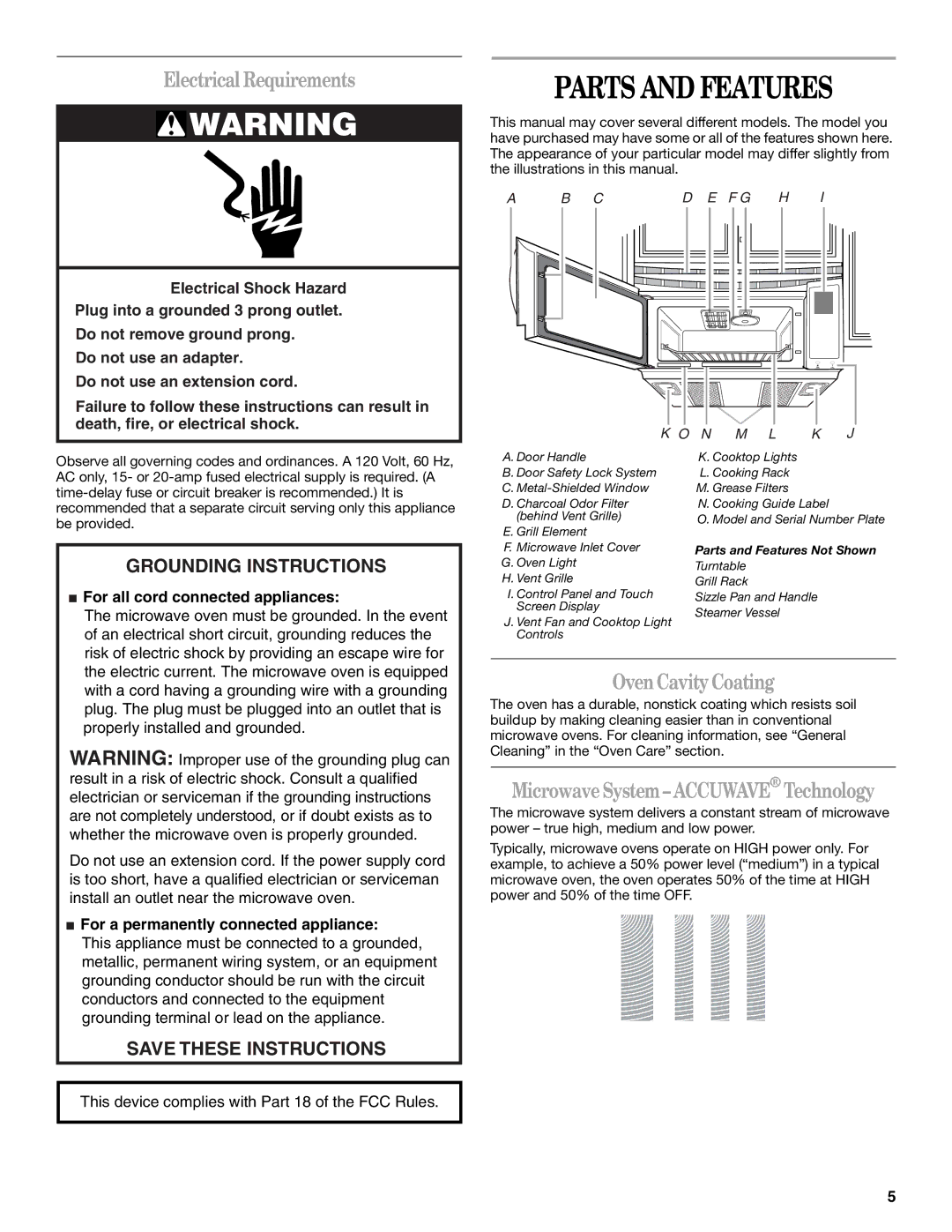 Whirlpool GH6178XP manual Parts and Features, Electrical Requirements, Oven Cavity Coating 