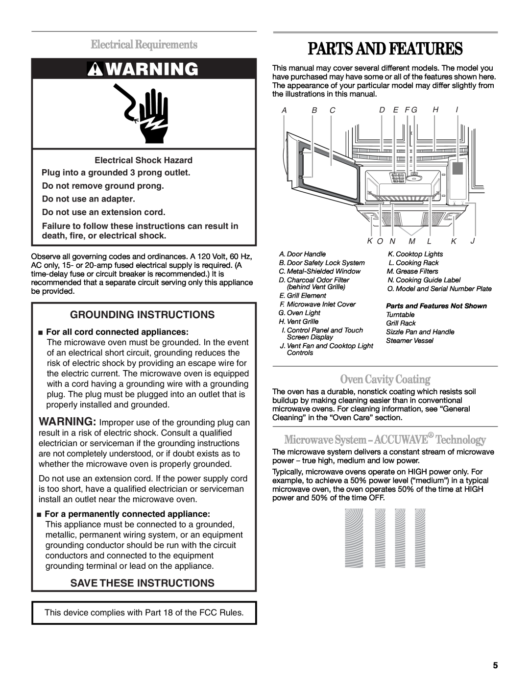 Whirlpool GH6178XP manual Parts And Features, Electrical Requirements, Oven Cavity Coating, Grounding Instructions 