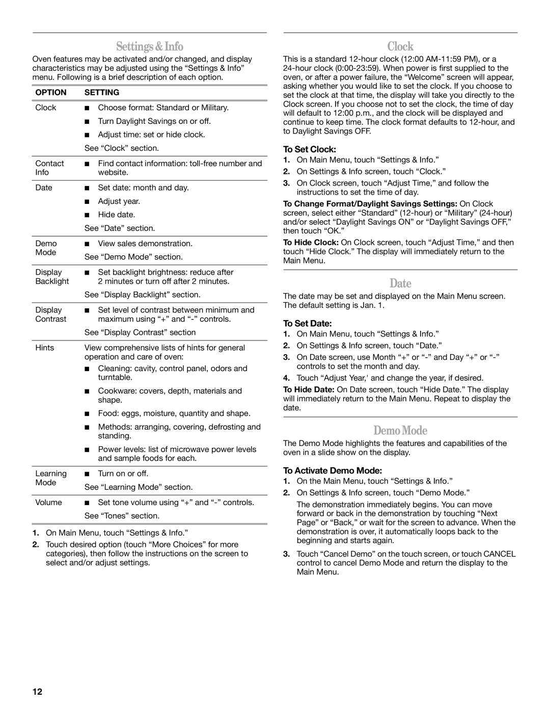 Whirlpool GH6208XR manual Settings & Info, Clock, Date, Demo Mode 