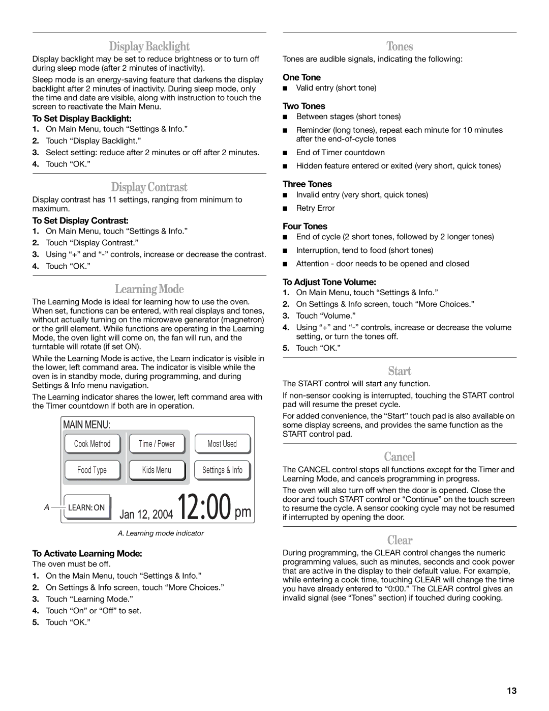 Whirlpool GH6208XR manual Display Backlight, Tones, Display Contrast, Learning Mode, Start, Cancel, Clear 