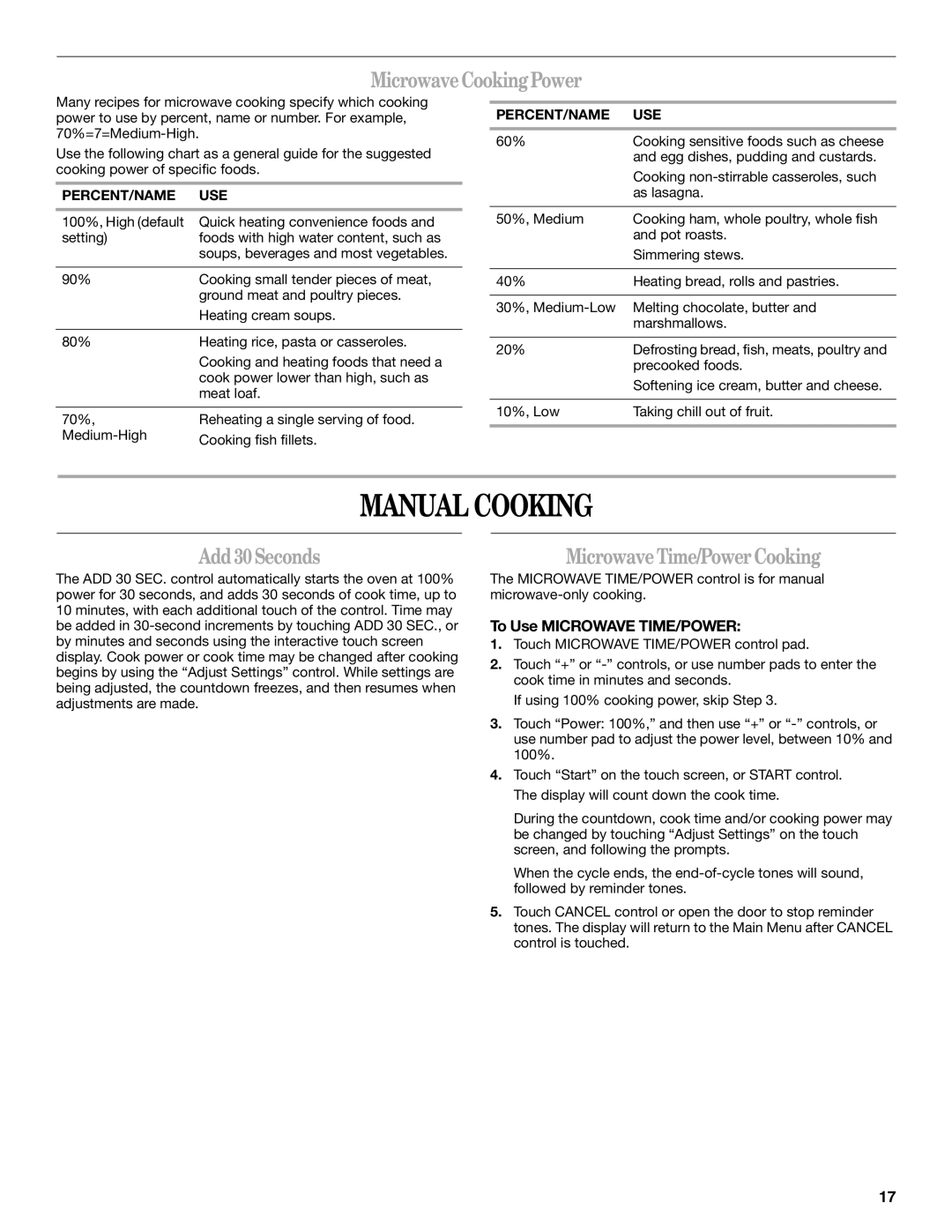 Whirlpool GH6208XR manual Manual Cooking, Microwave Cooking Power, Add 30 Seconds, Microwave Time/Power Cooking 