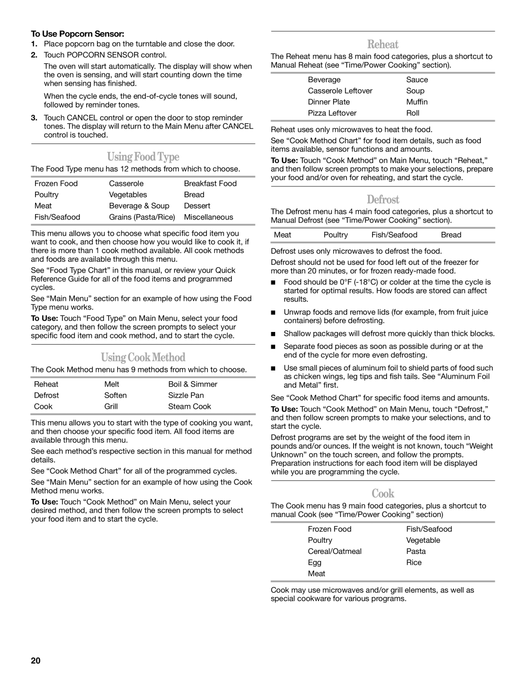 Whirlpool GH6208XR manual Using Food Type, Using Cook Method, Reheat, Defrost 