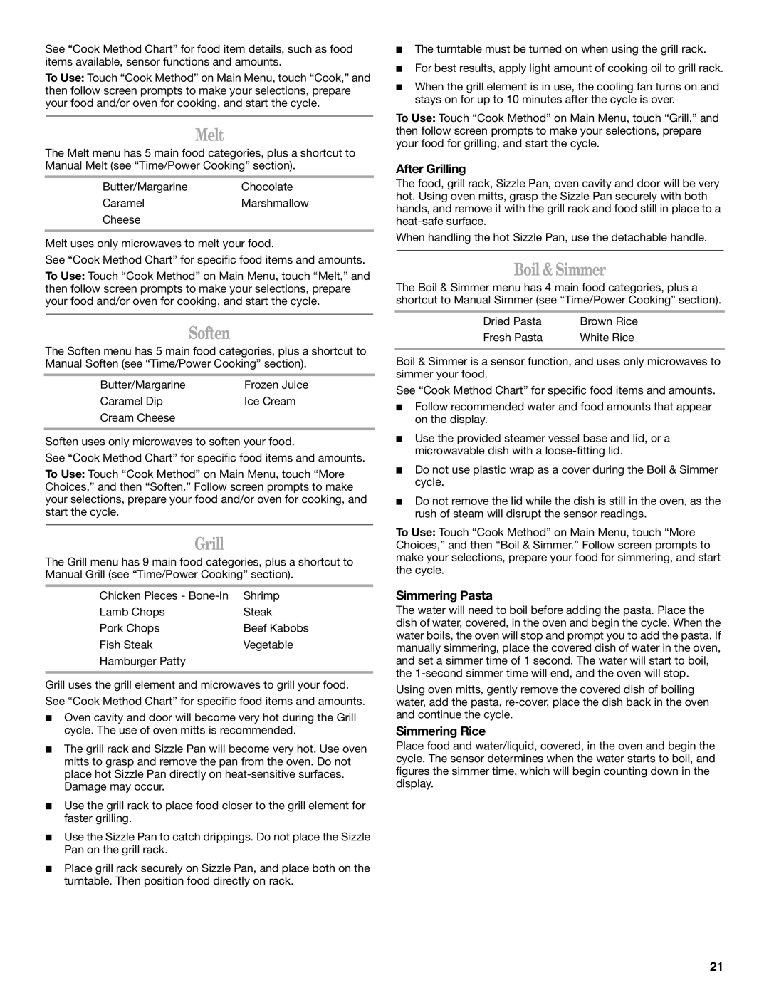 Whirlpool GH6208XR manual Melt, Soften, Grill, Boil & Simmer 