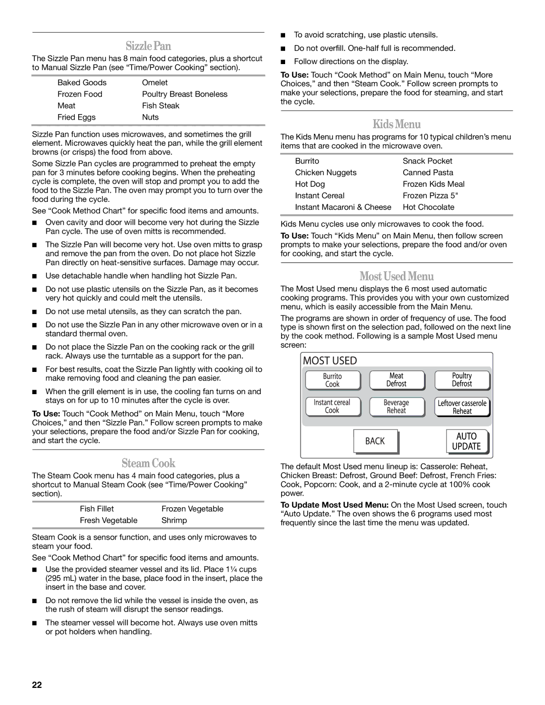 Whirlpool GH6208XR manual Sizzle Pan, Steam Cook, Kids Menu, Most Used Menu 