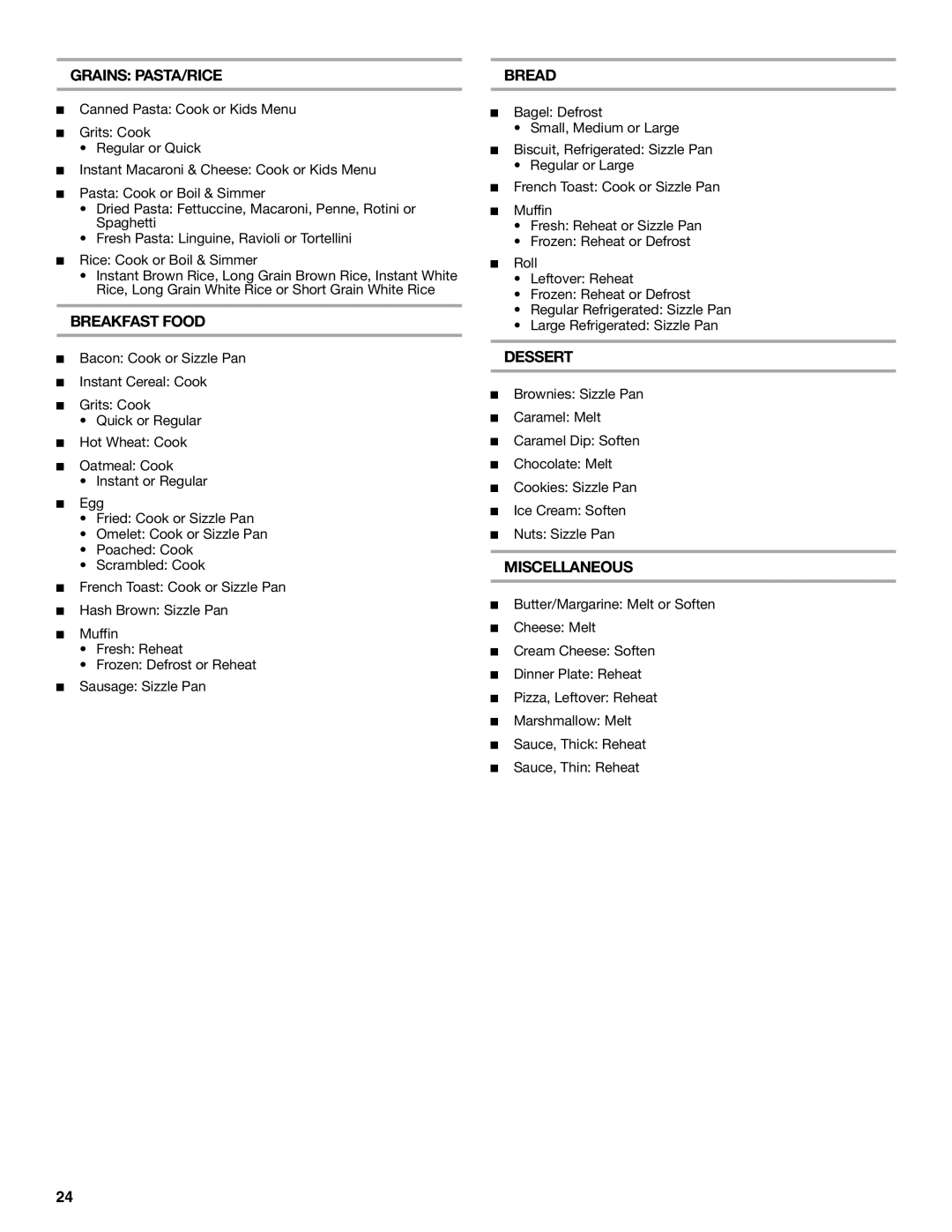 Whirlpool GH6208XR manual Grains PASTA/RICE, Breakfast Food, Bread, Dessert, Miscellaneous 