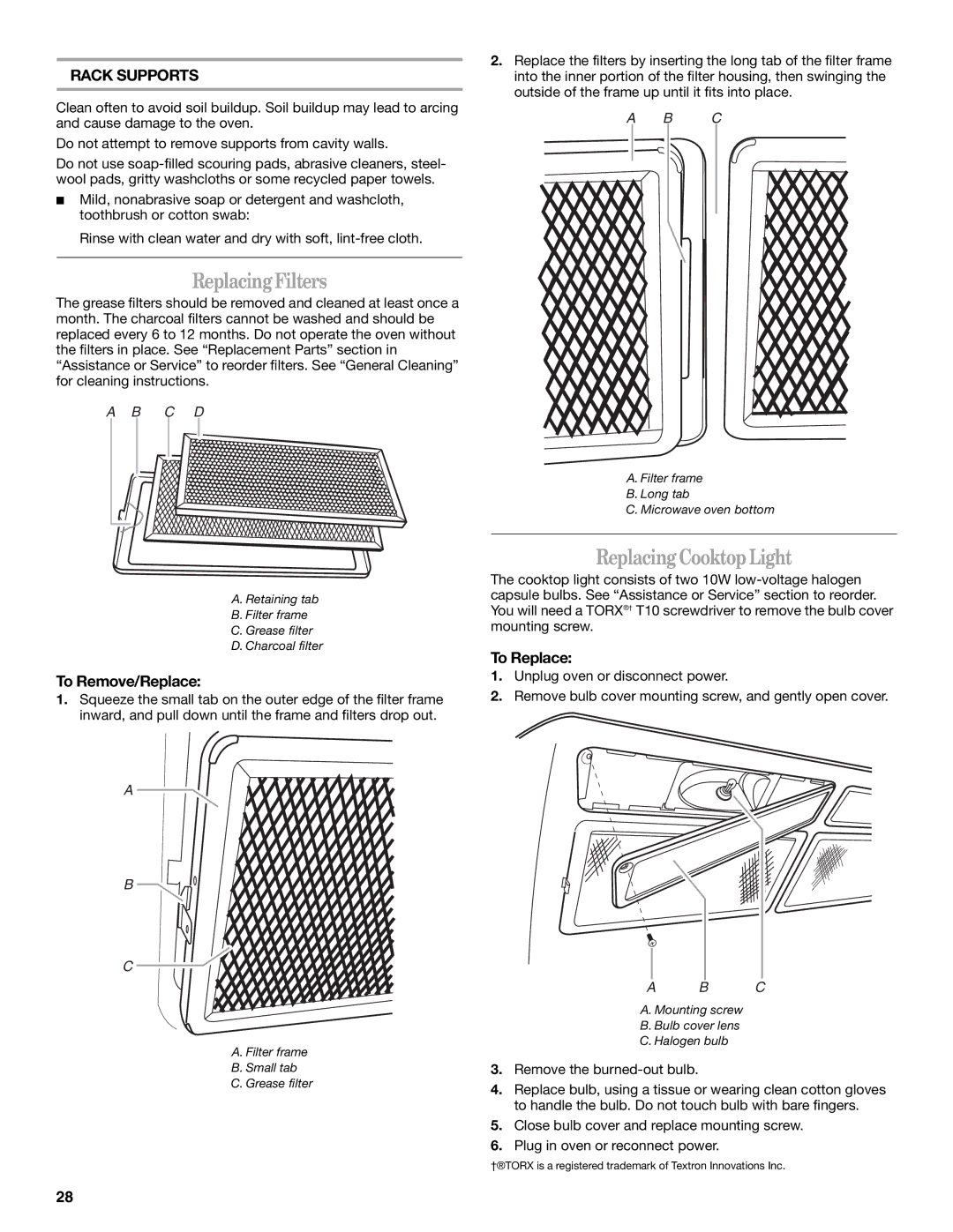 Whirlpool GH6208XR manual Replacing Filters, Replacing Cooktop Light, Rack Supports, To Remove/Replace, To Replace 