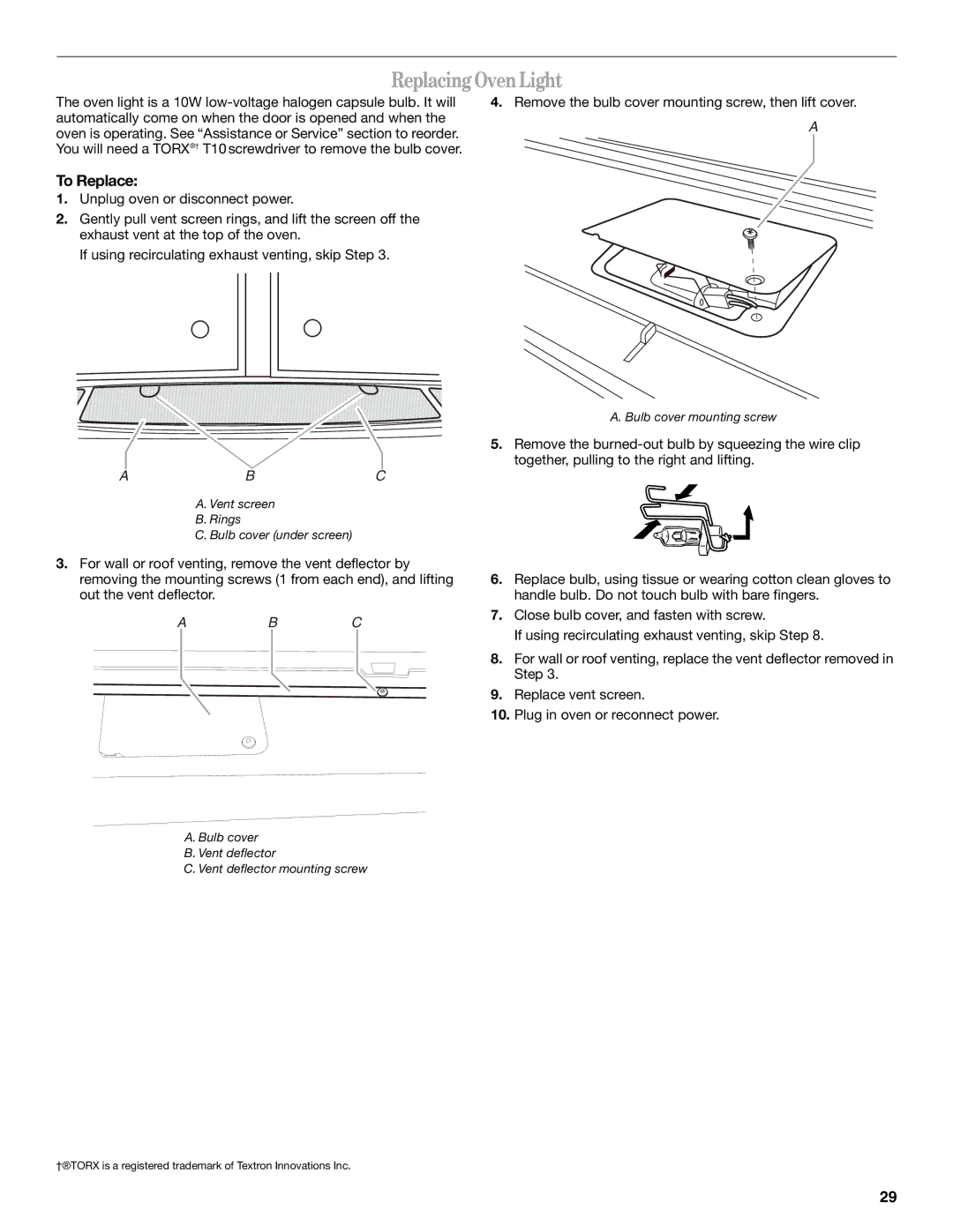 Whirlpool GH6208XR manual Replacing OvenLight, Abc 