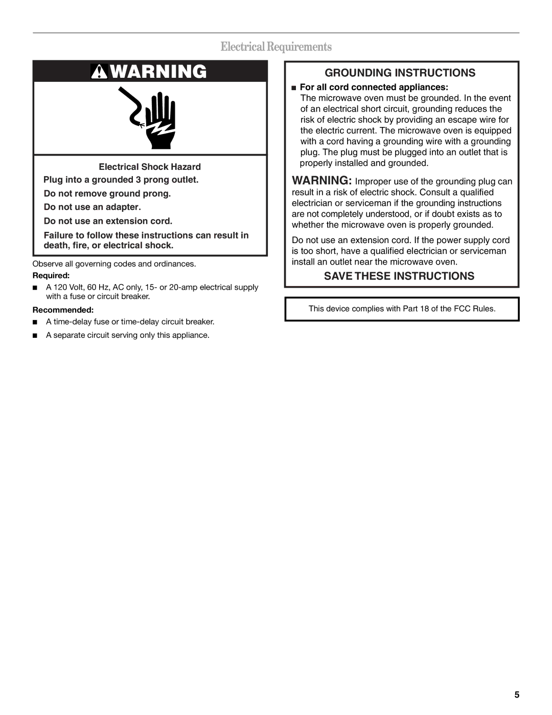 Whirlpool GH6208XR manual Electrical Requirements, Required, Recommended 