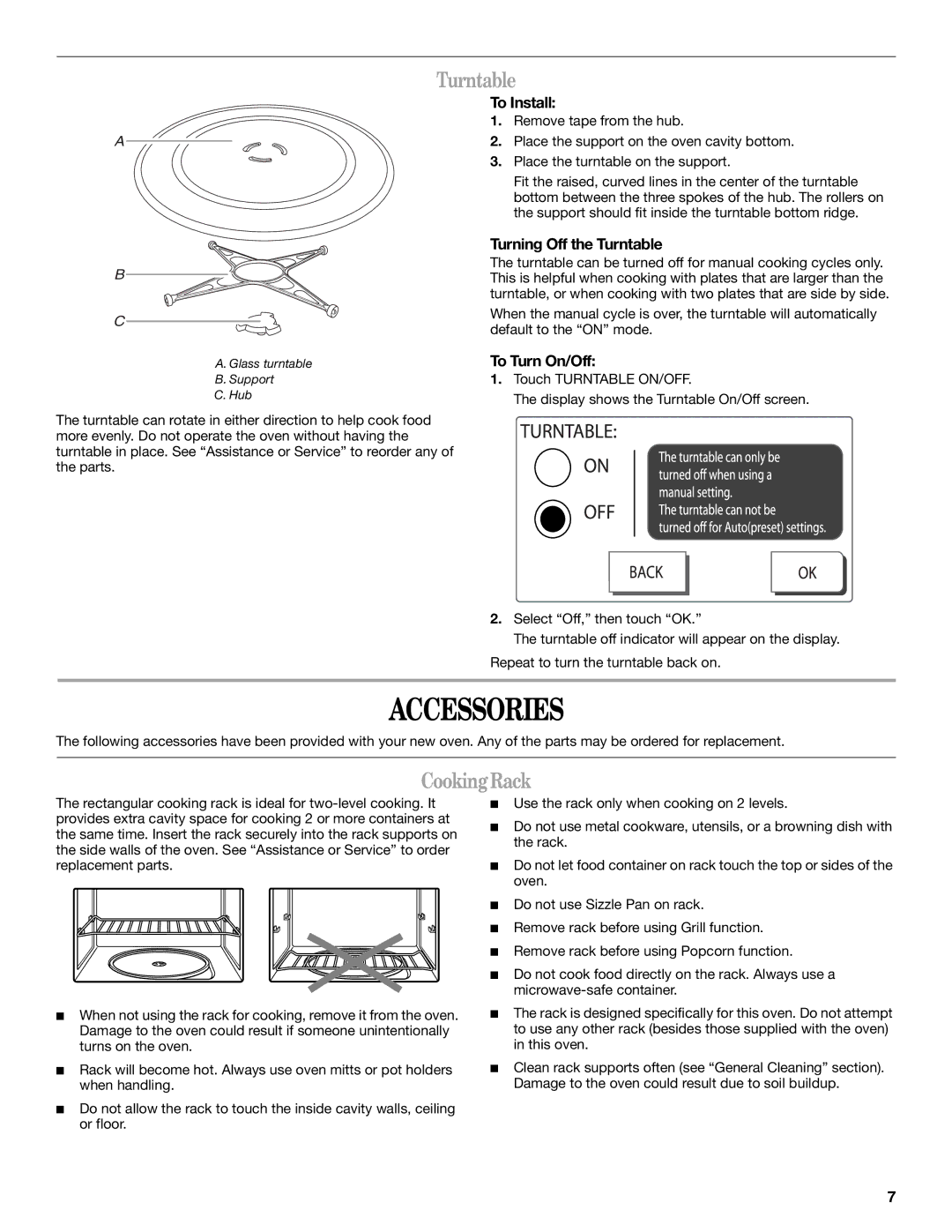 Whirlpool GH6208XR manual Accessories, Turntable, Cooking Rack 