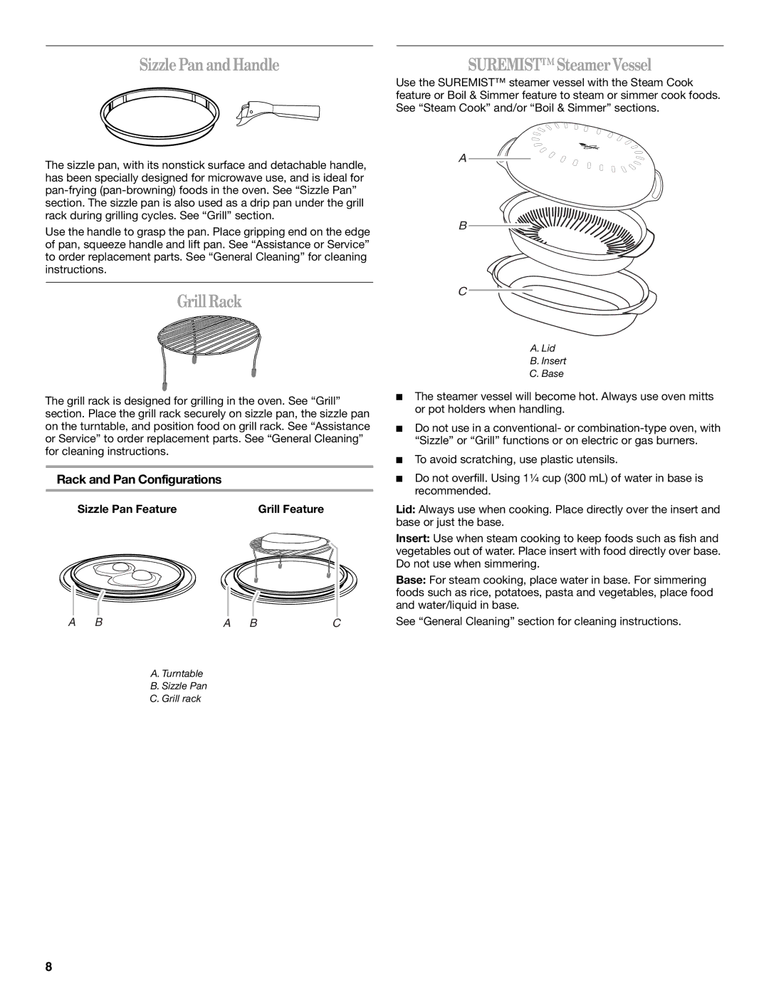 Whirlpool GH6208XR manual Sizzle Pan and Handle, Grill Rack, Suremist Steamer Vessel, Rack and Pan Configurations 