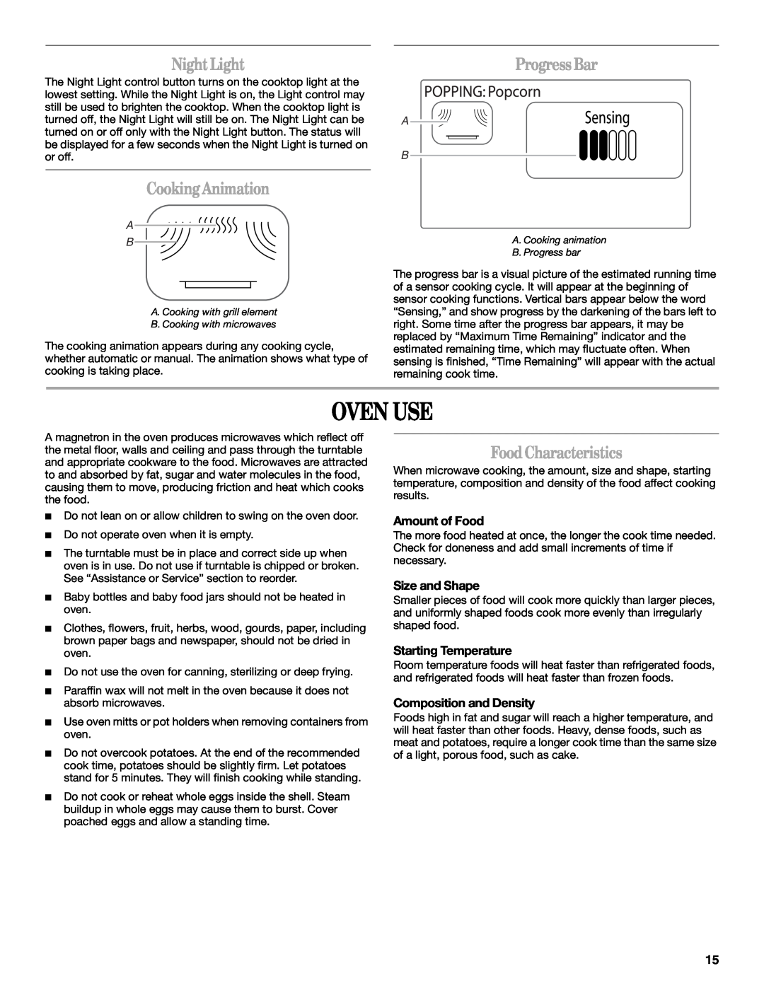 Whirlpool GH6208XR manual Oven Use, Night Light, Cooking Animation, Progress Bar, Food Characteristics, Amount of Food 