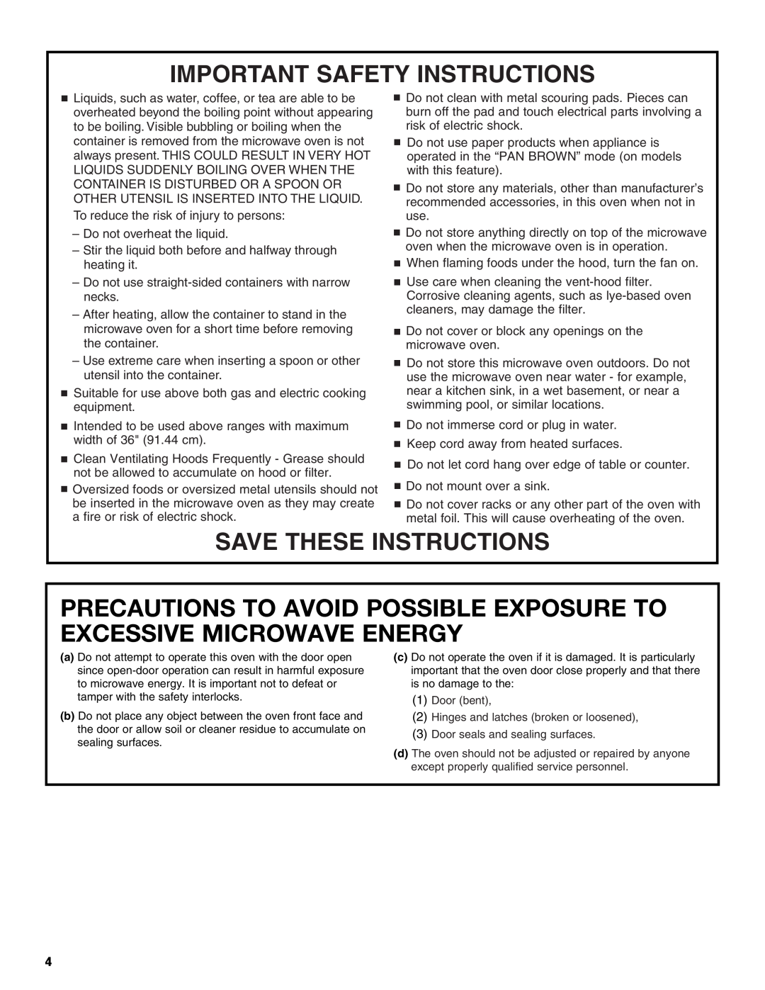 Whirlpool GH6208XR Precautions To Avoid Possible Exposure To Excessive Microwave Energy, Important Safety Instructions 