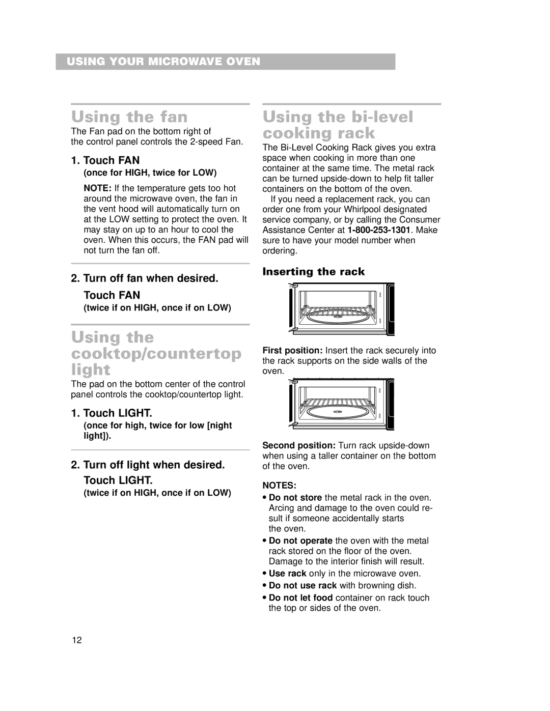 Whirlpool GH7155XHS warranty Using the fan, Using the bi-level cooking rack, Using the cooktop/countertop light 