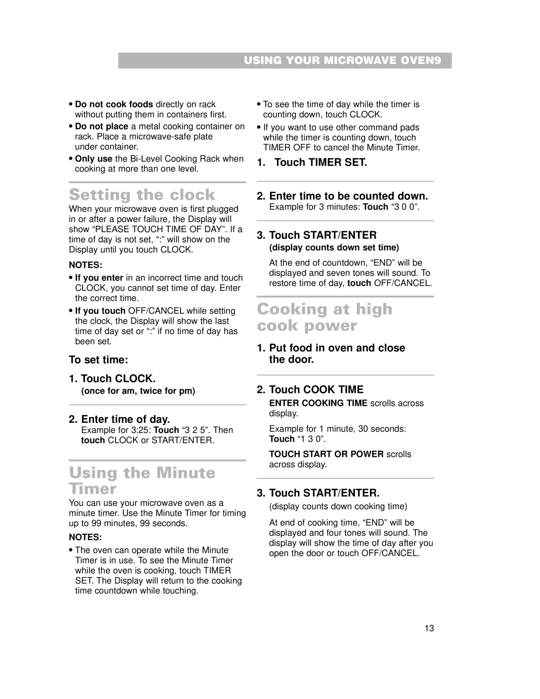 Whirlpool GH7155XHS warranty Setting the clock, Using the Minute Timer, Cooking at high cook power 