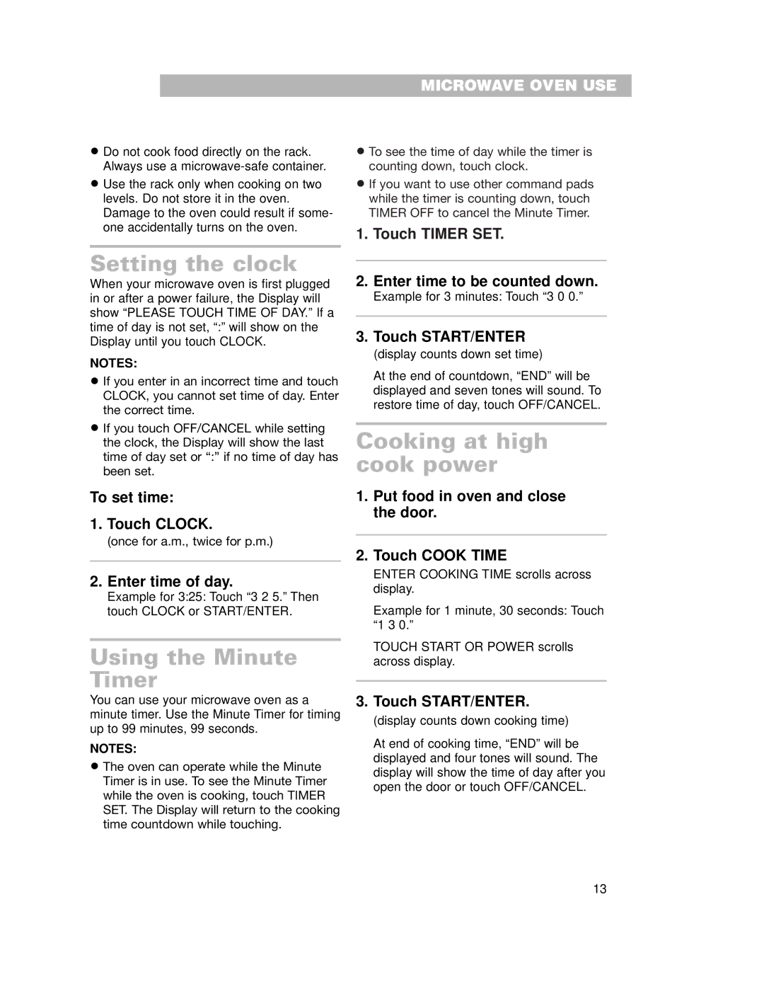 Whirlpool GH7155XKQ warranty Setting the clock, Using the Minute Timer, Cooking at high cook power 