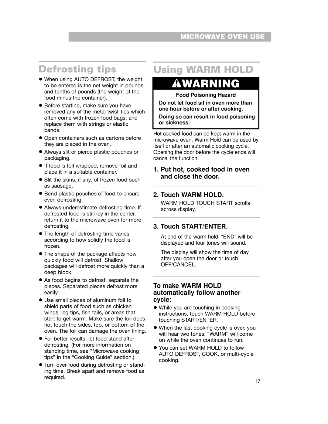 Whirlpool GH7155XKQ warranty Defrosting tips, Using Warm Hold, To make Warm Hold automatically follow another cycle 