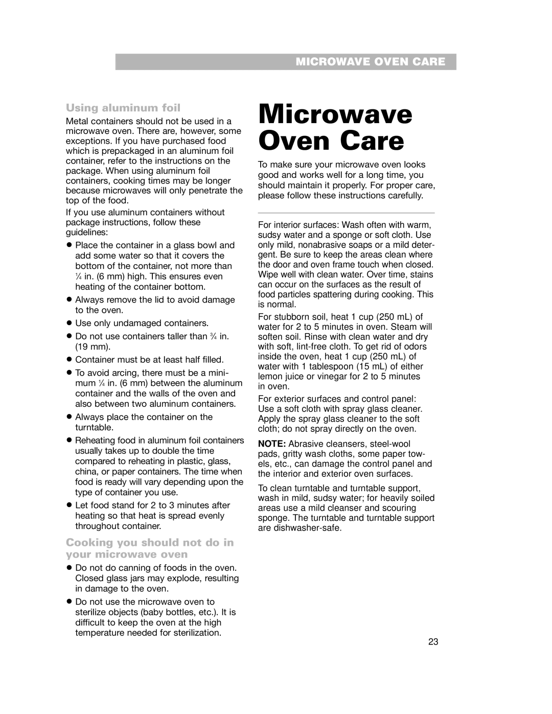 Whirlpool GH7155XKQ warranty Microwave, Oven Care, Using aluminum foil, Cooking you should not do in your microwave oven 