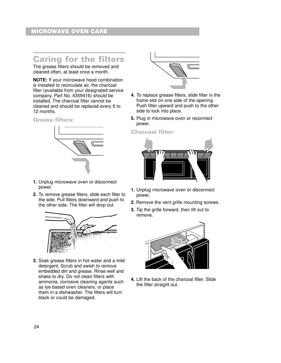 Whirlpool GH7155XKQ warranty Caring for the filters, Grease filters, Charcoal filter 