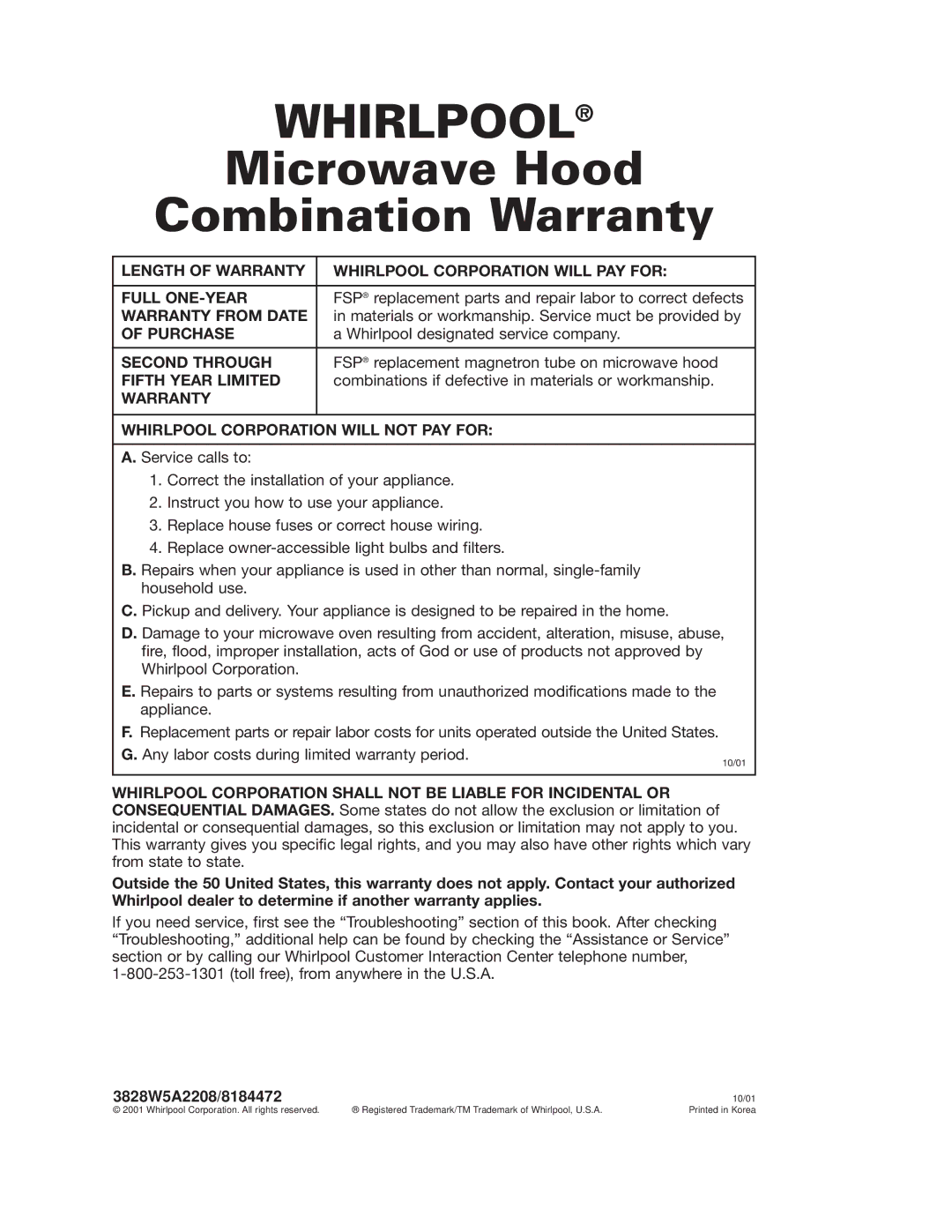 Whirlpool GH7155XKQ warranty Microwave Hood Combination Warranty 