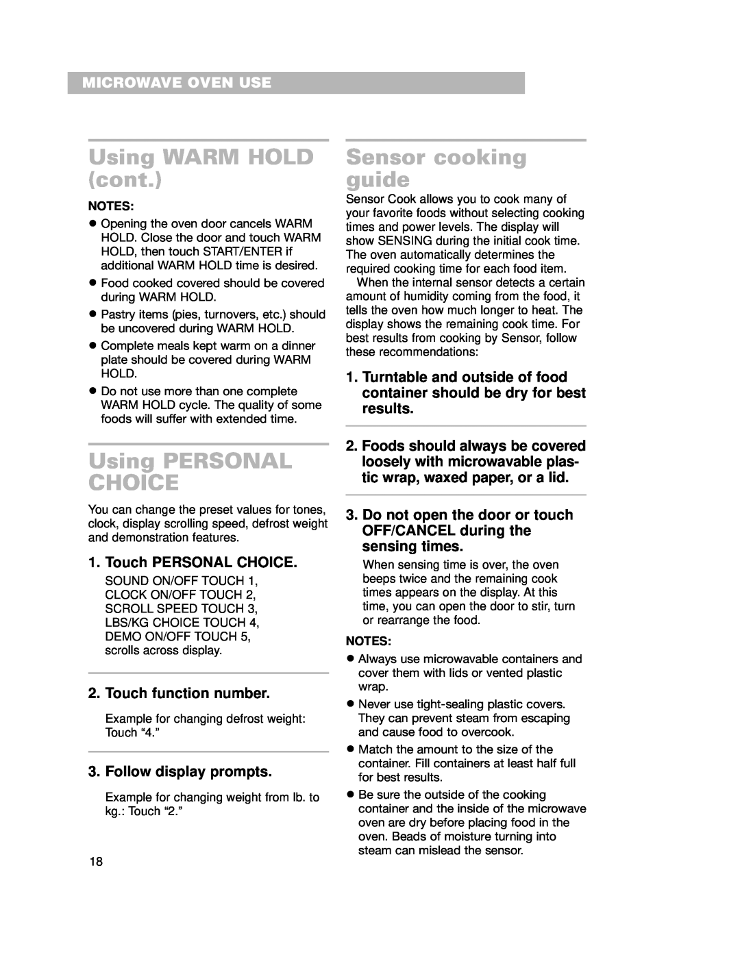 Whirlpool GH7155XKQ warranty Using WARM HOLD cont, Using PERSONAL CHOICE, Sensor cooking guide, Touch PERSONAL CHOICE 