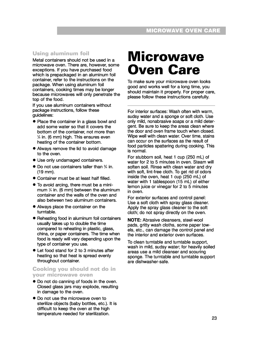 Whirlpool GH7155XKQ Microwave Oven Care, Using aluminum foil, Cooking you should not do in your microwave oven 